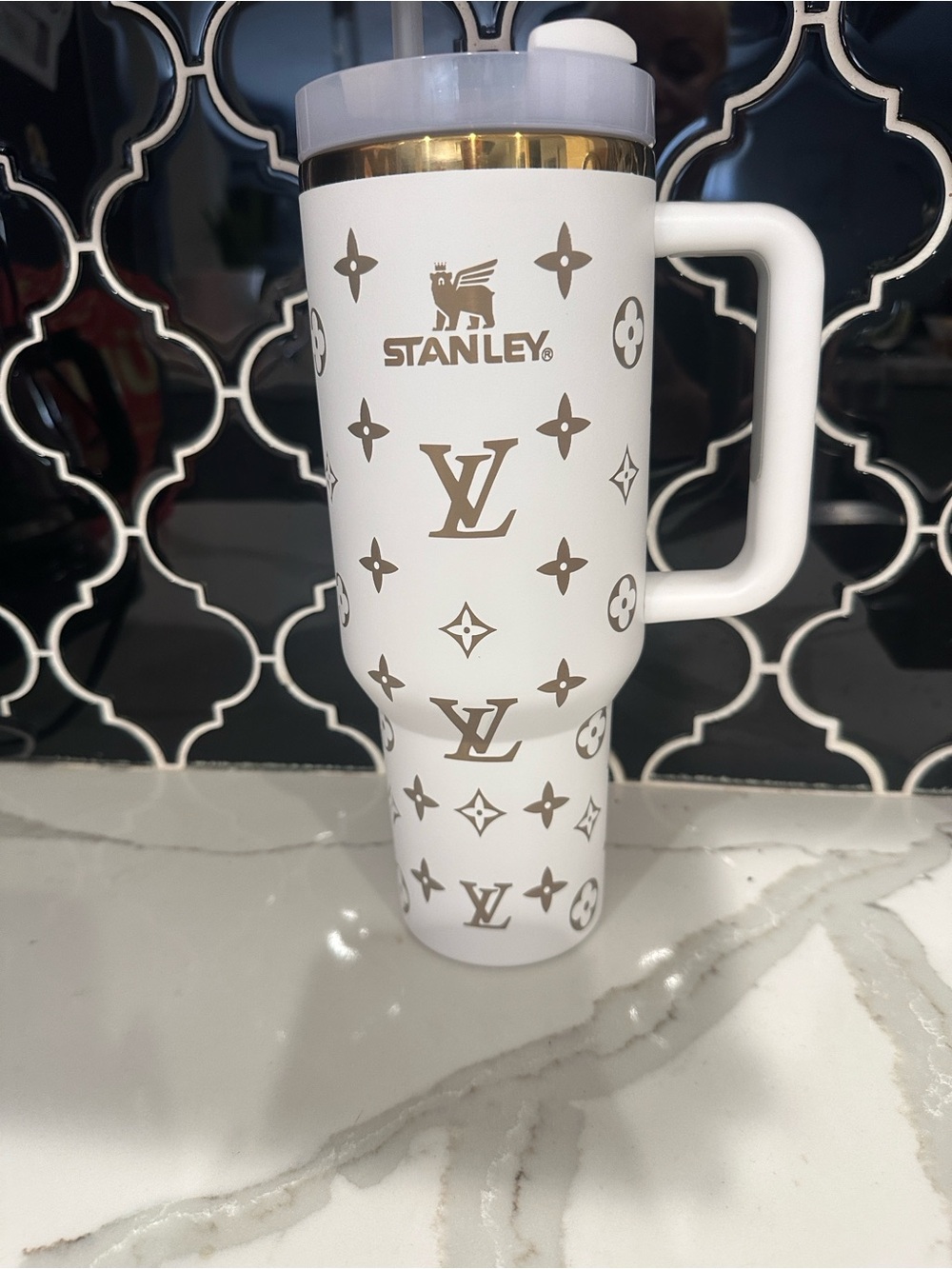 Stanley White LV Travel Mug with Gold Monogram Accents